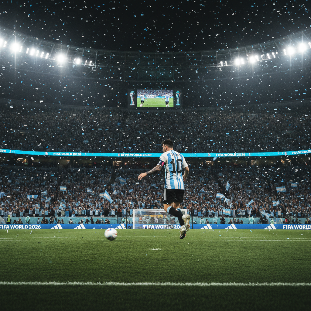 Escenario de estadio lleno durante un partido de la Copa del Mundo 2026 con hinchada argentina